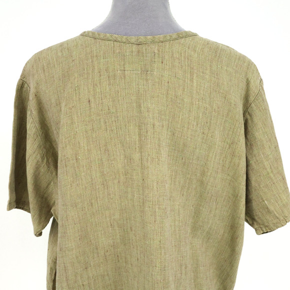 Flax Top Womens Medium Green Gold Linen Tunic Blouse Side Slits Lagenlook - Picture 9 of 12